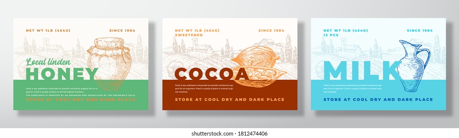 Hone, Cocoa Beans and Milk Food Label Templates Set. Abstract Vector Packaging Design Layouts Bundle. Modern Typography Banners with Hand Drawn Rural Landscape Background. Isolated.