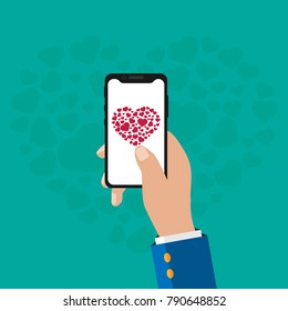 hone flat icon in hand.Hearts on the screen. Flat icon. Vector illustration.