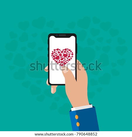 hone flat icon in hand.Hearts on the screen. Flat icon. Vector illustration.
