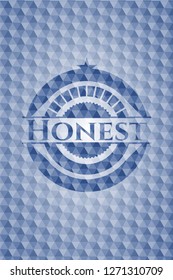 Honest blue emblem with geometric pattern background.