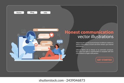 Honest Communication Illustration. A customer service representative engaging in transparent and heartfelt dialogue with clients, fostering brand trust. Flat vector illustration.