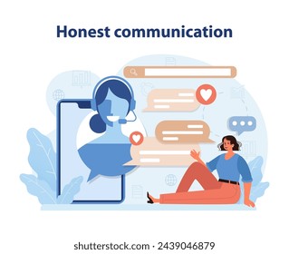 In: Honest Communication Illustration. Ein Kundendienstmitarbeiter, der einen transparenten und herzlichen Dialog mit Kunden führt und so das Vertrauen der Marke stärkt. Flache Vektordarstellung.