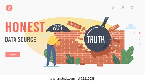 Honest Data Source Landing Page Template. Fiction Authenticity Research and Checking, Myths and Facts Information. Male Character Stand under Fact Umbrella, Fake News Wall. Cartoon Vector Illustration