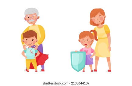 Honest and fair children set. Cute kids protecting their families cartoon vector illustration