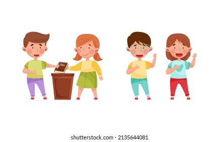 Honest And Fair Children Set. Kids Swearing To Be Honest Cartoon Vector Illustration