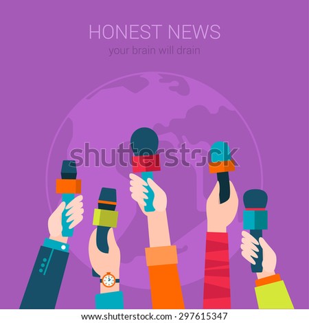 Honest news hot information flat modern design concept vector. TV television newspaper global media mobile web banner illustration website click infographics. Hands with microphones for interview.