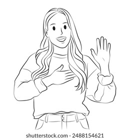 honest smiling woman promise pose line art cartoon illustration