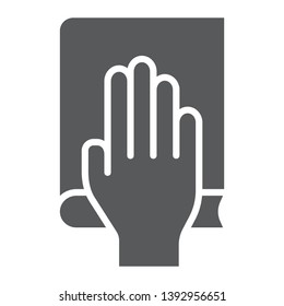 Honestly glyph icon, truth and trust, palm on book sign, vector graphics, a solid pattern on a white background, eps 10.