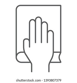 Honestly thin line icon, truth and trust, palm on book sign, vector graphics, a linear pattern on a white background, eps 10.