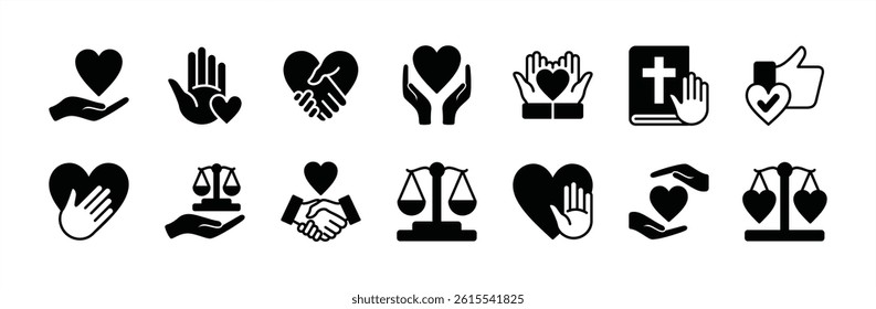 Honesty icon vector set. Containing ethics, integrity, oath, friendship, handshake, trust, love, care, core value, sincerity, justice, principle, promise, transparency, relationship. Illustration