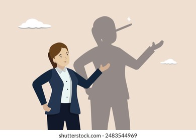 Honesty, liar, fake or business fraud, false information, hiding the truth concept, dishonesty businesswoman lying with Pinocchio long nose shadow.