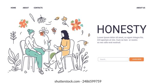 Honesty Mental Health Concept two people talking surrounded by flowers and leaves website design banner