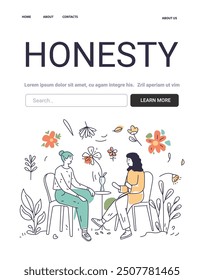 Honesty Mental Health Concept two people talking surrounded by flowers and leaves in a calm setting website design