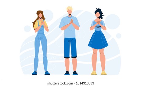 Honesty People Group With Hands On Chest Vector. Honesty Young Man And Women With Grateful Gesture Tell Truth. Friendly Characters Swear Or Promises Something Flat Cartoon Illustration