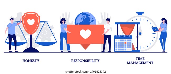 Honesty, responsibility, time management concept with tiny people. Personal and professional skills abstract vector illustration set. Personnel training, employee coaching metaphor.