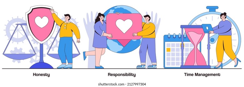 Honesty, responsibility, time management concept with people characters. Personal and professional skills abstract vector illustration pack. Personnel training, employee coaching metaphor.