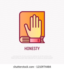 Honesty thin line icon. Oath: hand on bible or lawbook. Modern vector illustration.