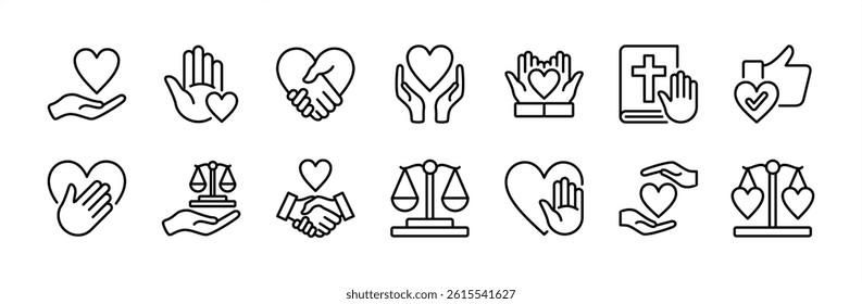 Honesty thin line icon set. Containing ethics, integrity, oath, friendship, handshake, trust, love, care, core value, sincerity, justice, principle, promise, transparency, relationship vector