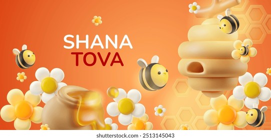 Honey 3D bees, flowers, and a jar celebrating Rosh Hashanah, Jewish New Year. Perfect for greeting cards and banners.