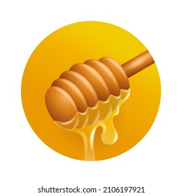 Honey 3D realistic icon - wooden dipper with flowing sweet and glossy drops