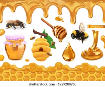 Honey 3d realistic set. Bee, beehive, honeycomb, drop, seamless pattern