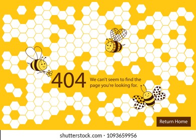 Honey 404 error page not found with bees and honeycombs. Vector page for sweet website. 