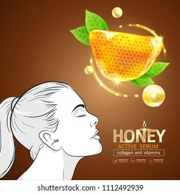 Honey Active Serum Collagen and Vitamin Background Concept. Vector for Skin Care Cosmetic Products.