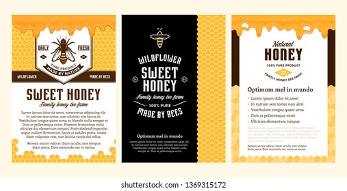 Honey ads and packaging design template with bee, honeycombs and dripping honey for apiary and beekeeping  products, banding and identity.