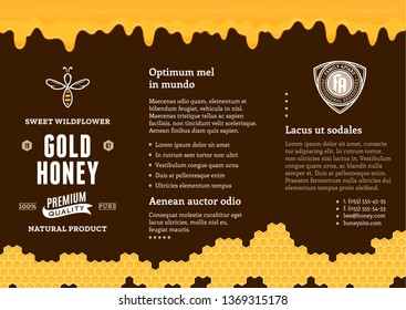 Honey ads and packaging design template with bee, honeycombs and dripping honey for apiary and beekeeping  products, banding and identity.