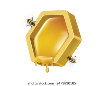 Honey for advertisement ,two bees landing on a gold hexagonal honeycomb to make honey from flower pollen, vector 3d isolated on white background for 
food and drink advertising design