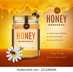 Honey advertising composition with realistic image of product packaging bottle with brand name and editable text vector illustration