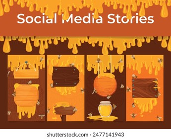 Honey advertising poster bee and wooden signboard mock up social media stories set isometric vector illustration. Natural farming healthy sweet food insect production yellow melting dessert banner