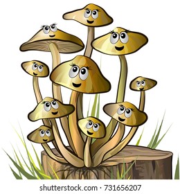 Honey agar mushrooms with muzzles on stump. Vector illustration