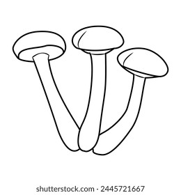 Honey agaric. Fresh shimeji mushrooms. Hand drawn Line art. Black and white isolated on white background. Coloring page for kids and adults. Vector illustration.