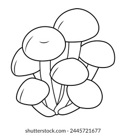 Honey agaric. Fresh shimeji mushrooms. Hand drawn Line art. Black and white isolated on white background. Coloring page for kids and adults. Vector illustration.