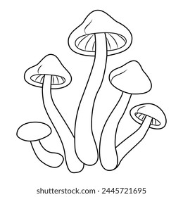 Honey agaric. Fresh shimeji mushrooms. Hand drawn Line art. Black and white isolated on white background. Coloring page for kids and adults. Vector illustration.