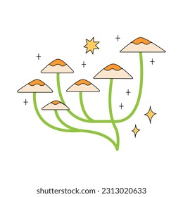 Honey agaric mushrooms and stars. Magical 1970 style groovy psychedelic vector illustration on isolated background