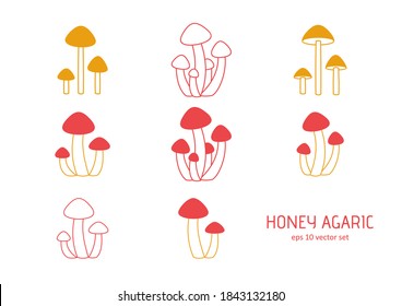 Honey agarics - vector icons set on white background. Symbol for web, infographics, print design and mobile UX/UI kit. Vector illustration, EPS10.