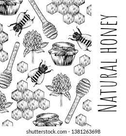 Honey and all related to it things, vector, engraving style