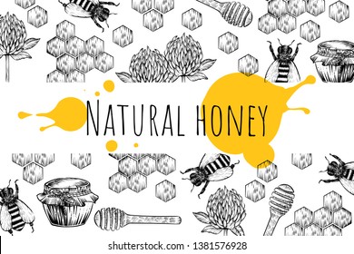 Honey and all related to it things, vector, engraving style, banner