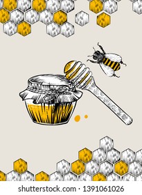 Honey and all related to it things, vector, engraving style