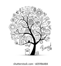 Honey apiary, art tree. Sketch for your design