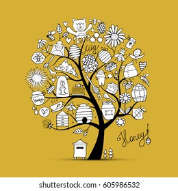 Honey apiary, art tree. Sketch for your design