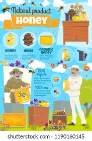 Honey apiary and beekeeping. Beekeeper in protective clothing among bees and honeycomb. Beehives and containers, barrel and jars, flowers for pollination at country farm. Vector natural honey