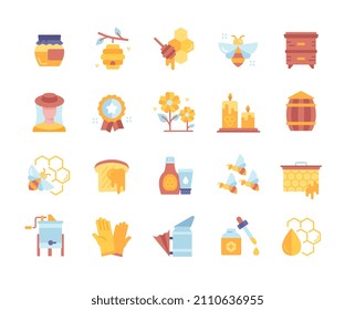 Honey, Apiary, Beekeeping colorful icon set. Bright stickers with jar of honey, flying insects, flower nectar, tools, barrel and farmer. Cartoon flat vector collection isolated on white background