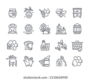 Honey, Apiary, Beekeeping thin line icon set. Minimalistic stickers with honeycombs, wax candles, insects and gloves for collecting honey. Cartoon flat vector collection isolated on white background