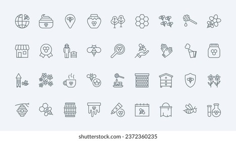 Honey, apiary and beekeeping thin line icons set vector illustration. Outline honey farm symbols collection with propolis and pollen, sweet nectar of flower flavor and honeycomb, beekeeper and beehive