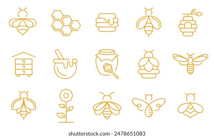 Honey, Apiary, Beekeeping - thin line web icon set. Contains such Icons as Beekeeper, Beehives, Propolis, Bee Farm and more. Outline icons collection	