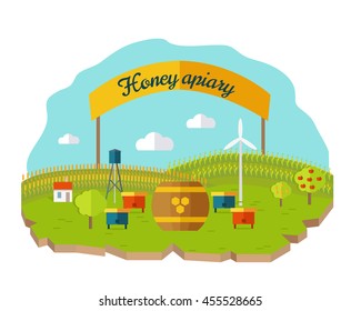 Honey apiary conceptual vector. In flat style design