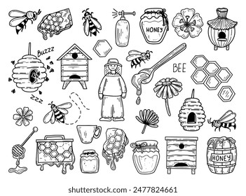 Honey apiary doodle clipart. Sweet farm, beekeeper, bee, wax, hive. Hand drawn vector sketch illustration. Large set of elements.